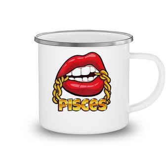 Womens Juicy Lips Gold Chain Pisces Zodiac Sign V-Neck Camping Mug | Mazezy