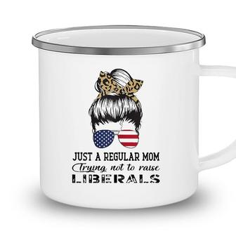 Womens Just A Regular Mom Trying Not To Raise Liberals Us Flag Leopard Camping Mug - Seseable