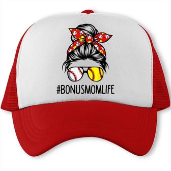 Bonus Mom Life Softball Baseball Mothers Day Messy Bun Trucker Cap - Seseable