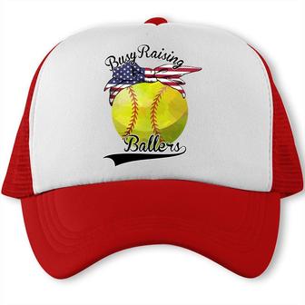 Busy Raising Ballers Softball Sport Great USA Flag Trucker Cap - Seseable