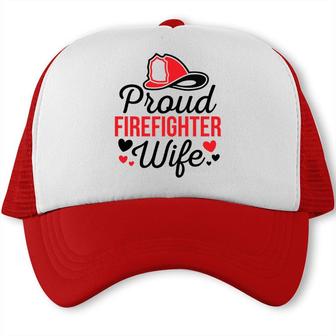 Firefighter Proud Wife Red Heart Black Graphic Meaningful Trucker Cap - Seseable