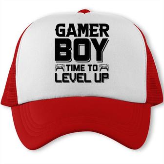 Gamer Boy Time To Level Up Black Design Birthday Boy Matching Video Gamer Trucker Cap - Seseable