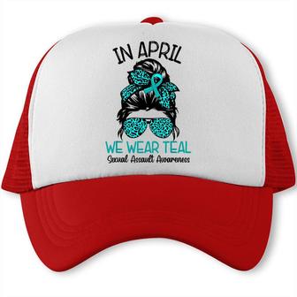 In April We Wear Teal Sexual Assault Awareness Messy Bun  Trucker Cap