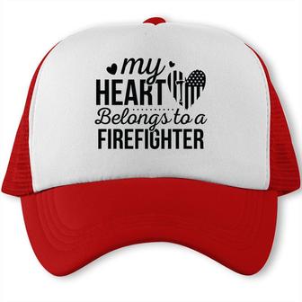 My Heart Belongs To A Firefighter Full Black Trucker Cap - Seseable
