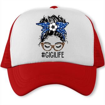 Soccer Gigi Life Leopard Messy Bun Funny Gigi Mothers Day Trucker Cap - Seseable
