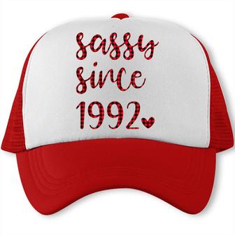 Women Vintage Sassy Since 1992 Buffalo Plaid Birthday Party Trucker Cap - Seseable
