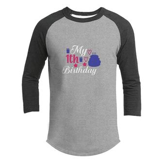 My 11Th Birthday Pink Heart And Blue Cake Youth Raglan Shirt - Seseable