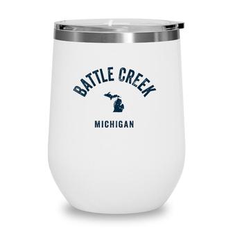 Battle Creek Michigan Mi Vintage 70S Sports Navy Print Wine Tumbler | Mazezy
