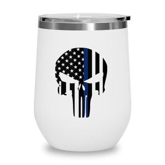 Blue Line American Skull Flag Support Police Wine Tumbler | Mazezy