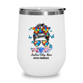 Blue Ribbon Butterfly Step Mom Messy Bun Autism Awareness  Wine Tumbler