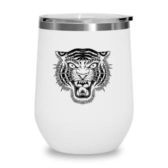 Tiger Head Traditional Tattoo Art Graphic Wine Tumbler | Mazezy