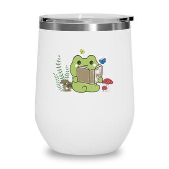 Womens Cute Frog Reading A Book On Mushroom Cottagecore Aesthetic V-Neck Wine Tumbler | Mazezy