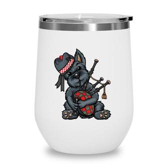 Womens Funny Tartan Day Scottish Terrier Bagpipe V-Neck Wine Tumbler | Mazezy