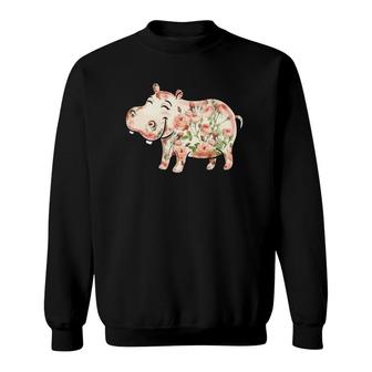 Hippopotamus Floral Nature Hutto Lover Cute Pink Roses Hippo Sweatshirt | Mazezy