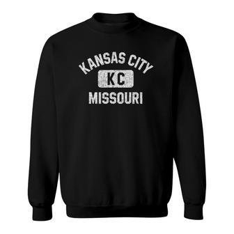 Kansas City Kc Missouri Gym Style Distressed White Print Sweatshirt - Seseable