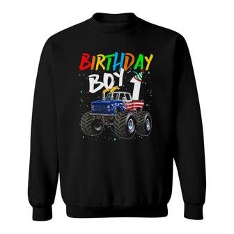 Kids Birthday Boy 1 Year Old Monster Truck Flag 1St Birthday Sweatshirt | Mazezy
