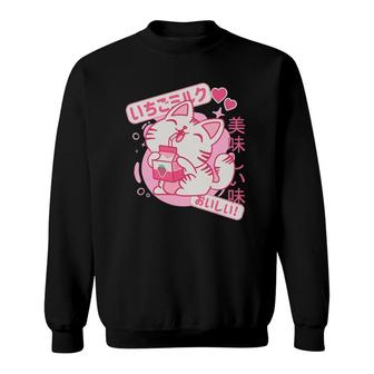 Retro 90S Cat Japanese Kawaii Strawberry Milk Shake Cartoon Sweatshirt - Seseable