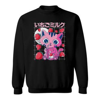 Strawberry Cat 90S Vaporwave Japanese Strawberry Milk Kawaii Sweatshirt | Seseable UK