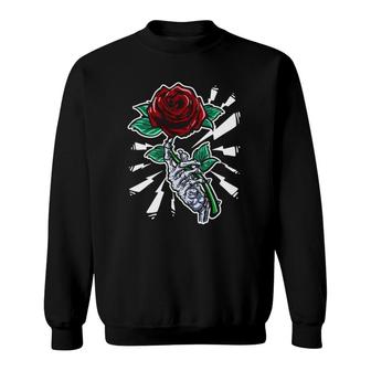 Tattoo Skeleton Hand Red Rose Flower Sweatshirt | Mazezy