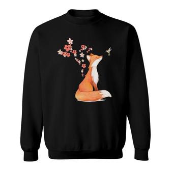 The Cute Fox And Hummingbird Cherry Blossom Flower Present Sweatshirt | Mazezy