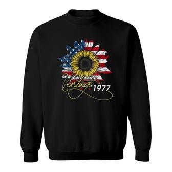 Womens 44Th Birthday Sunflower Vintage Born In 1977 American Flag V-Neck Sweatshirt - Seseable