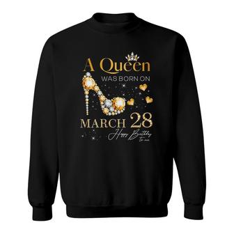 Womens A Queen Was Born On March 28 28Th March Birthday Queen V-Neck Sweatshirt - Thegiftio UK