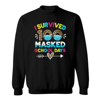 Womens I Survived 100 Masked School Days Funny 100Th Day Of School V-Neck Sweatshirt | Mazezy