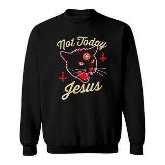 Womens Not Today Jesus Hail Satan Satanic Cat Death Metal Halloween V-Neck Sweatshirt | Mazezy
