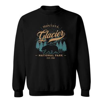Womens Vintage Glacier National Park Grizzly Bear Mountains Sunrise V-Neck Sweatshirt | Mazezy