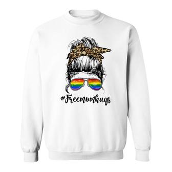 Free Mom Hugs Leopard Messy Bun Rainbow Lgbt Pride Proud Mom Sweatshirt - Thegiftio UK