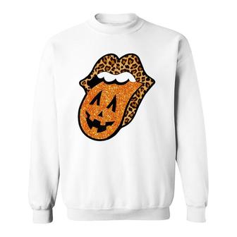 Pumpkin Tongue With Leopard Lips Halloween Gift Women Girl Sweatshirt - Seseable