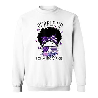 Purple Up For Military Kids Messy Bun Floral Butterfly Sweatshirt - Seseable