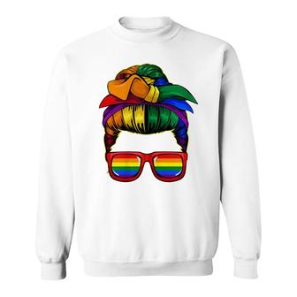 Womens Messy Bun Mom Lgbt-Q Cool Rainbow Flag Gay Pride Ally Sweatshirt - Thegiftio UK