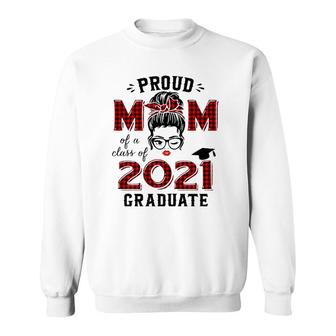 Womens Proud Mom Of A 2021 Graduate Red Plaid Messy Bun Sweatshirt - Seseable