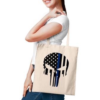 Blue Line American Skull Flag Support Police Tote Bag | Mazezy