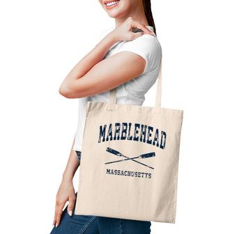 Marblehead Massachusetts Vintage Nautical Crossed Oars Navy Tote Bag | Mazezy
