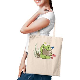 Womens Cute Frog Reading A Book On Mushroom Cottagecore Aesthetic V-Neck Tote Bag