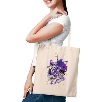 Womens Purple Floral Black Sugar Skull Day Of The Dead V-Neck Tote Bag | Mazezy