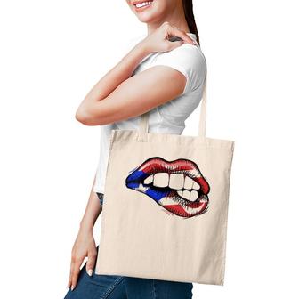 Womens Sexy Biting Lips Puerto Rico Flag V-Neck Tote Bag | Mazezy
