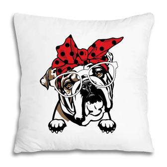 Cute English Bulldog Red Plaid Headband And Glasses Pillow | Mazezy