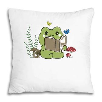Womens Cute Frog Reading A Book On Mushroom Cottagecore Aesthetic V-Neck Pillow