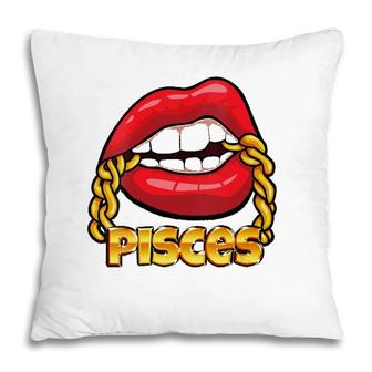 Womens Juicy Lips Gold Chain Pisces Zodiac Sign V-Neck Pillow | Mazezy