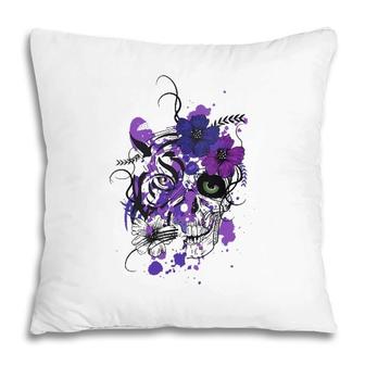Womens Purple Floral Black Sugar Skull Day Of The Dead V-Neck Pillow | Mazezy