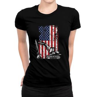 4Th Of July American Flag Construction Backhoe Excavator Women T-shirt - Seseable