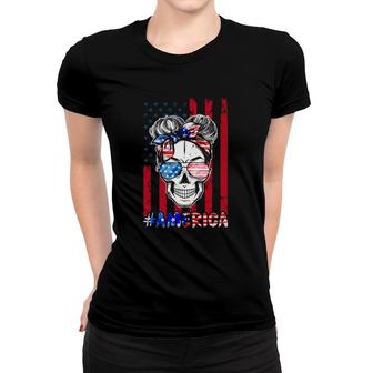 America Messy Bun Skull 4Th Of July Usa Flag Women Girls Vintage Women T-shirt - Seseable