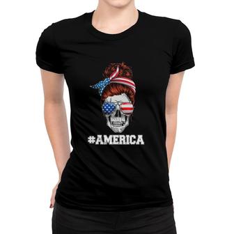 American Women Usa Flag Messy Bun Skull Mom 4Th Of July Women T-shirt - Seseable
