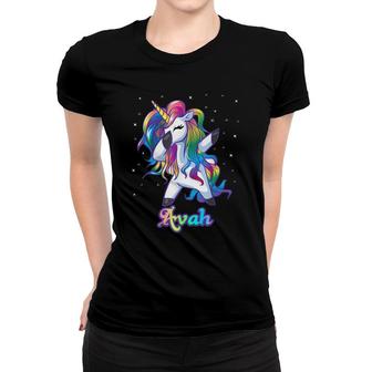 Avah Name Personalized Custom Rainbow Unicorn Dabbing Women T-shirt - Seseable