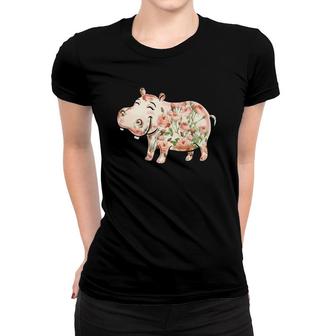 Hippopotamus Floral Nature Hutto Lover Cute Pink Roses Hippo Women T-shirt | Mazezy