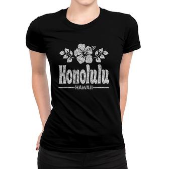 Honolulu Hawaii Flowers Distressed White Print Women T-shirt - Seseable
