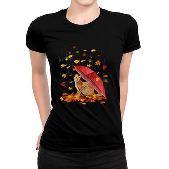 Maple Cat And Umbrella Leaf Fall Hello Autumn Bicycle Gift Women T-shirt | Mazezy
